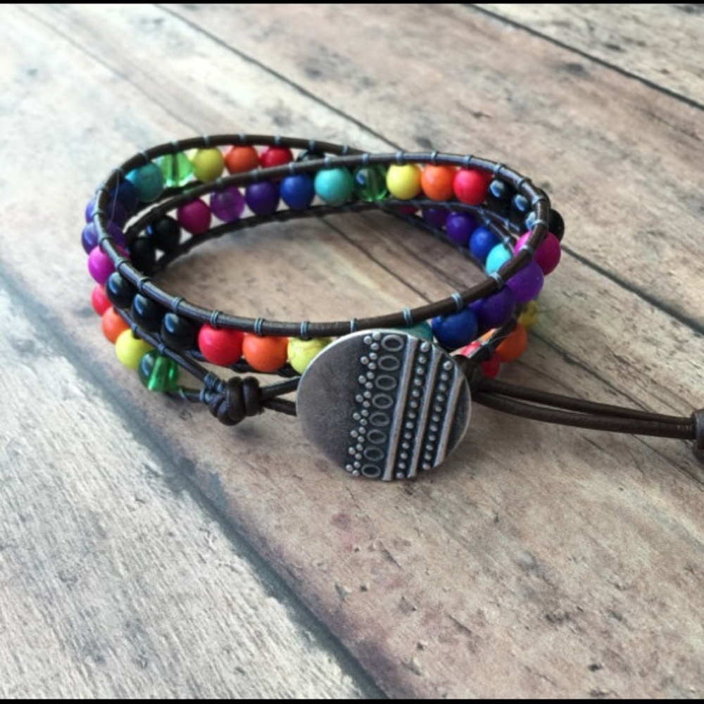 Boho Rainbow Gemstones Dble Wrap Leather Bracelet